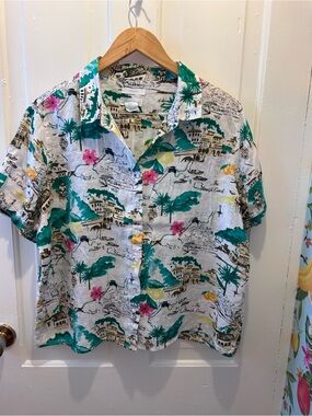 Cynthia Rowley White Button-Down Shirt with Teal, Pink & Yellow Tropical Print